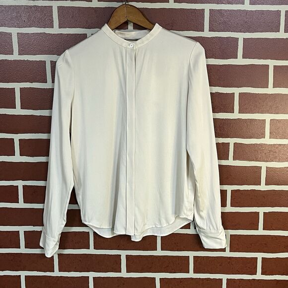 Vince Cream Classic Silk Button Up Collarless Blouse Long Sleeve Size 4 READ - Picture 1 of 8
